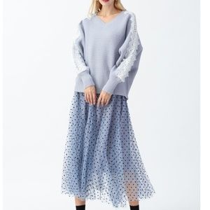 Chicwish DOUBLE-LAYERED TULLE MIDI SKIRT, BABY BLUE w/BLACK POLKA DOTS, Sm-Med